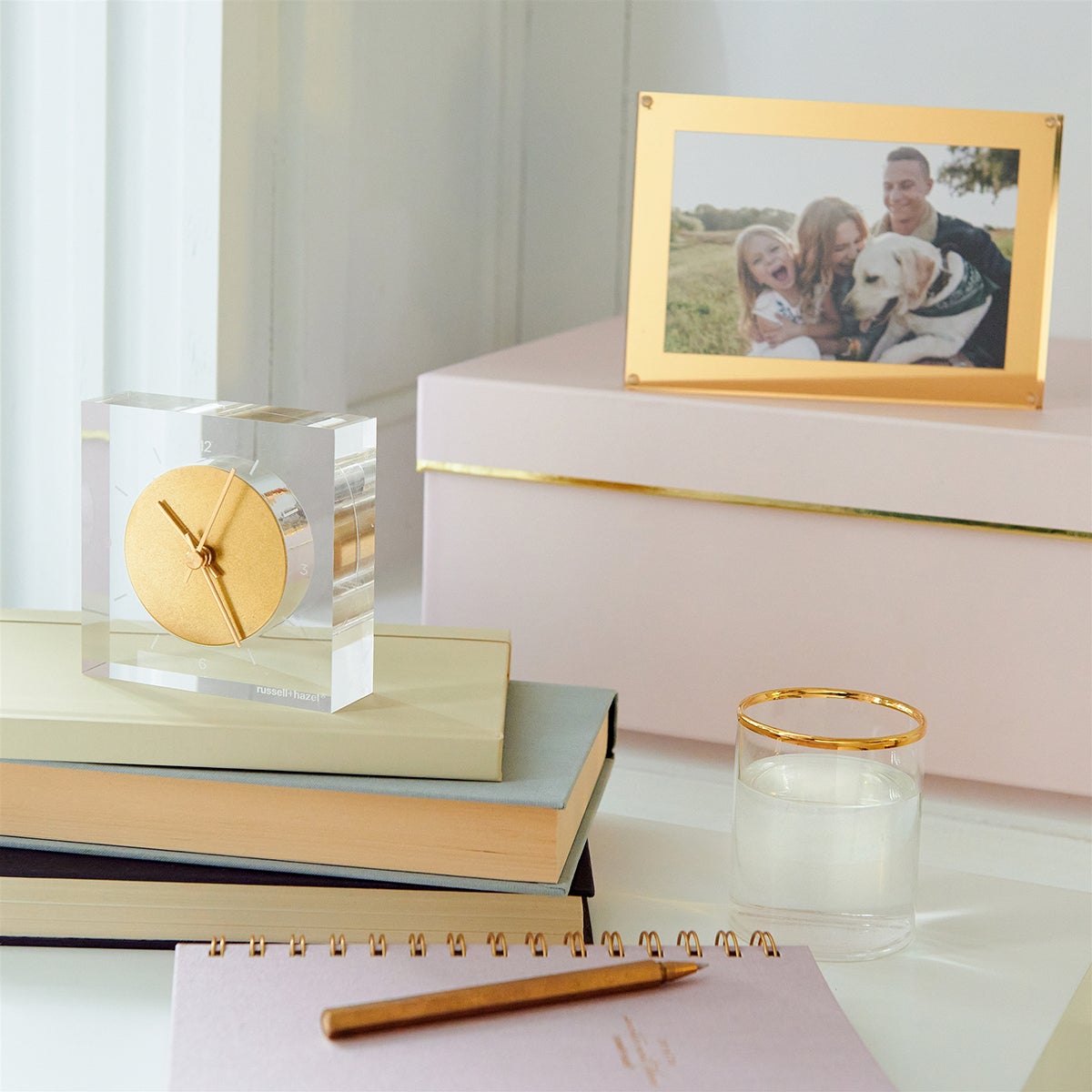 Russell Hazel Acrylic & Gold Clock | The Container Store